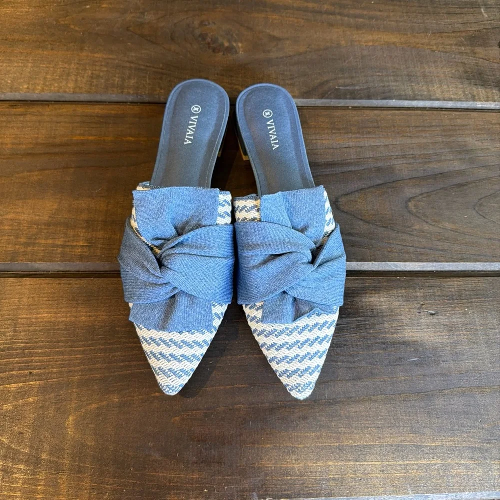 NEW Vivaia Yaffa Pointed Toe Knot Detail Blue Mules Flats Women Size 9 (40) - Picture 2 of 10